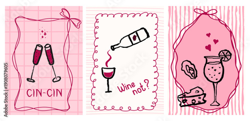 Hand drawn posters set with wine, glasses, cocktail and bottle in whimsical frame with bow on pink striped and checkered bg. Wine tasting concept. Set of vector design elements for menu, invitation.