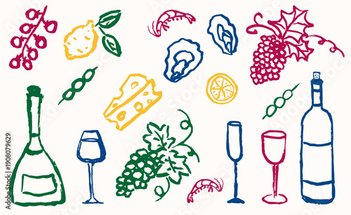 Wine glass, bottle, grape, olive, cheese, tomato, lemon, oyster. Hand drawn blue, green, pink italian food set. Wine vector sketch set. Dolce vita aesthetics. Perfect for print, design menu, sticker.