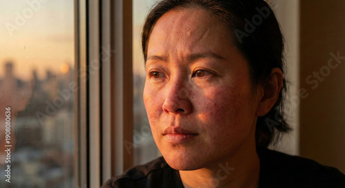 Wallpaper Mural Pensive middle-aged woman with facial rosacea and skin redness looking out of a window during golden hour. Torontodigital.ca