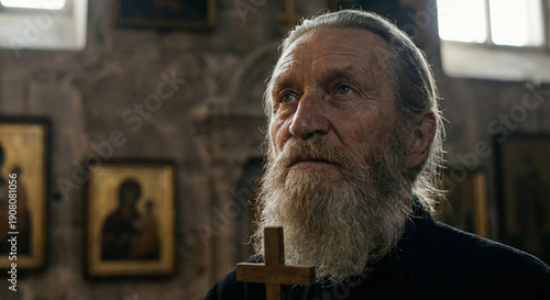 Wallpaper Mural Close up portrait of elderly Russian priest with gray beard holding wooden cross inside historic candlelit church. Torontodigital.ca