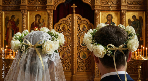 Wallpaper Mural Close-up back view of bride and groom wearing white rose flower crowns during traditional orthodox church wedding. Torontodigital.ca