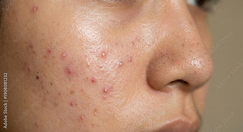 Fototapeta premium Extreme close-up of oily skin texture with active whiteheads, blackheads, and redness on the nose and cheek.