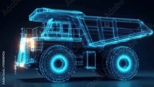 Digital rendering of a futuristic dump truck in a high-tech design against a dark background
