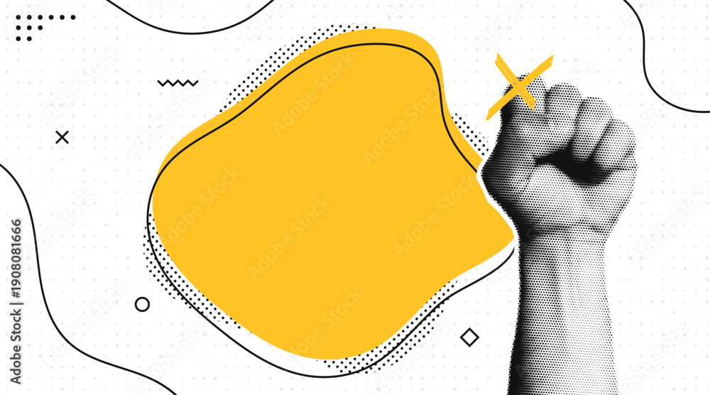 Naklejka premium Halftone collage with human hands and blank speech bubble. Raised fist gesture at speech bubble. Pop art halftone style for quotes, messages, motivation, news and social media. Vector