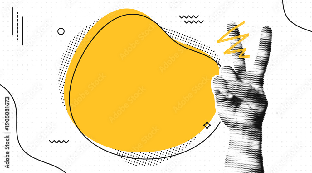 Naklejka premium Halftone collage with human hands and blank speech bubble. Peace gesture at speech bubble. Pop art halftone style for quotes, messages, announcements, news and social media. Vector