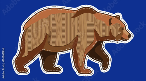 Rustic Wood Grain Grizzly Bear Sticker or Patch Design. Forest Animal Vector Illustration with Stitched Border on Blue.