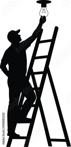 Man on ladder replacing light bulb viewed from side in workplace setting illustration