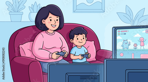 Happy Mother and Son Playing Video Games Together on the Sofa. Family Bonding, Leisure Time, and Digital Entertainment Vector Illustration.