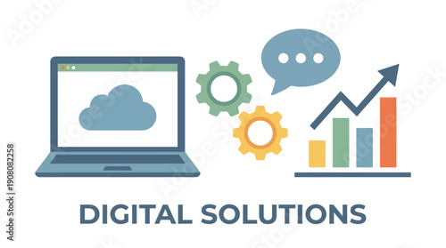 Digital Solutions Vector Illustration: Cloud Computing, IT Strategy, System Integration, and Business Growth Analytics.