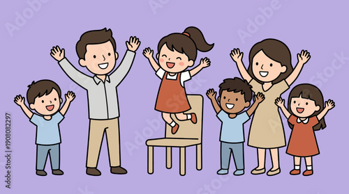 Happy Diverse Family Cartoon Celebrating Success. Parents and Cheerful Children Jumping and Waving Against Lavender Background.