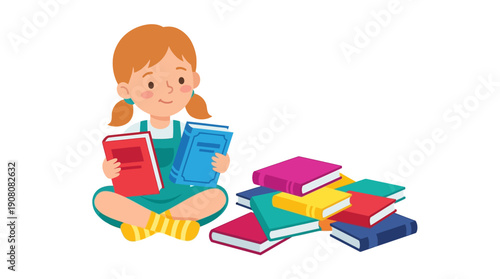 Happy Little Girl Sitting and Reading Books. Child Student with Stack of Literature. Kids Education, Learning, and Literacy Vector Illustration.