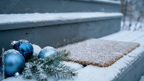 Wallpaper Mural christmas blue ornaments. A serene winter scene featuring snow-covered steps adorned with blue ornaments and a festive welcome mat, surrounded by delicate evergreen branches Torontodigital.ca