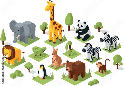 A diverse group of wild animals standing on grassy patches surrounded by trees in a flat illustration style