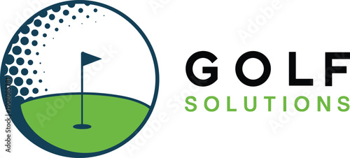 Golf Solutions logo with golf ball dimples, putting green, flagstick, bold text design, vector illustration, editable, isolated sports branding graphic