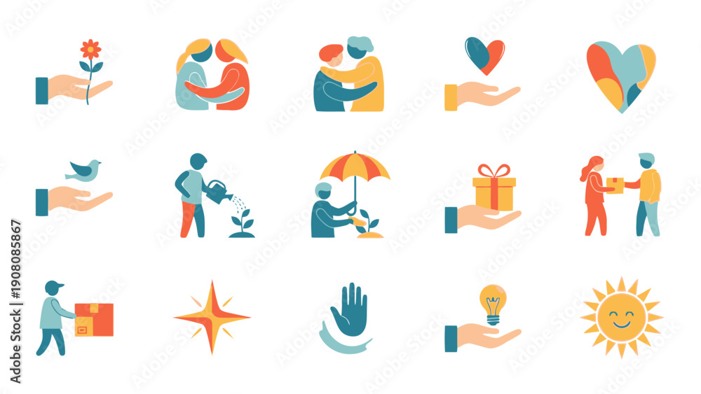 Fototapeta premium Collection of Flat Design Icons Representing Charity, Empathy, and Social Support.