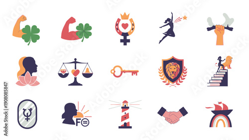 Collection of diverse icons representing womens rights and empowerment.