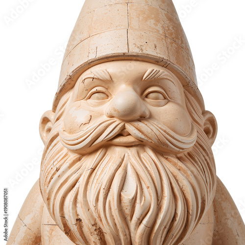 Sculpture of a Smiling Gnome With a Large Beard and Pointed Hat Made From Lig...