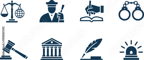 A clear collection of legal system symbols and justice icons for court related information and services