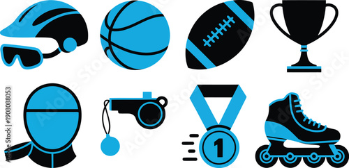 A collection of bright blue and black sport equipment and awards icons on white background
