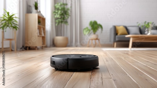 Robot Vacuum Cleaning Hardwood Floor in Modern Living Room