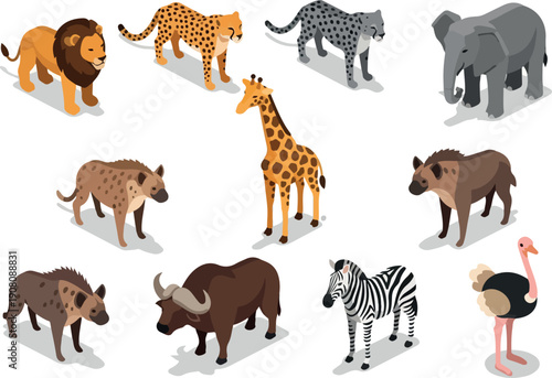 Collection of various wild animals standing on white backgrounds, showcasing diverse wildlife from different habitats and species