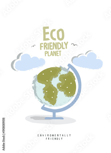 Vector hand drawn cartoon sketch globe of earth. Illustration of Environmentally friendly planet. Think Green.Ecology Concept.

