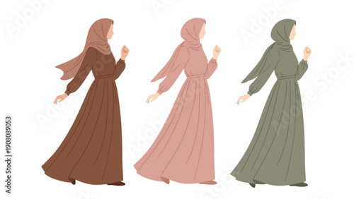 Three fashionable women wearing hijabs and long dresses in varying shades are depicted