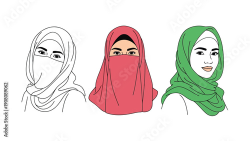 Three stylized illustrations of women wearing hijabs and niqabs in varying colors high quality