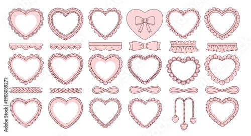 Cute pink heart frames and lace borders set with ruffles, bows, and decorative elements for romantic wedding or Valentine's Day design.
