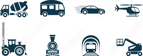 A collection of dark blue transportation icons shows various vehicles including trucks, cars, and trains