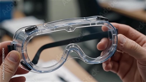 Close-up of clear safety goggles held in human hands, showcasing product detail and clarity in a modern workspace environment