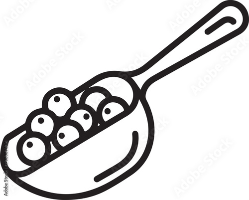 An outline vector icon of a long handled spoon full of berries or small round objects, against a transparent background