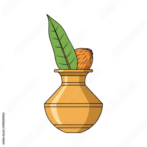 Traditional Kalash pot with coconut and sacred leaves, symbolizing prosperity and spiritual blessings for the auspicious festival of Holika Dahan celebration