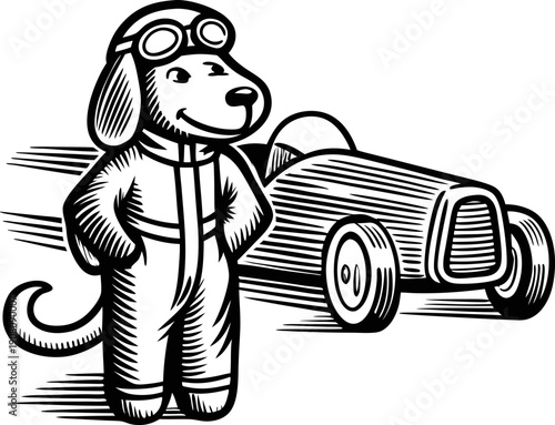 dog race car driver character wearing goggles and racing suit with vintage race car