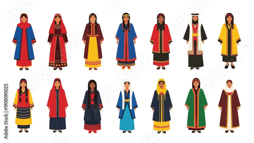 A colorful collection of vector illustrations depicting people in traditional middle eastern and arab clothing