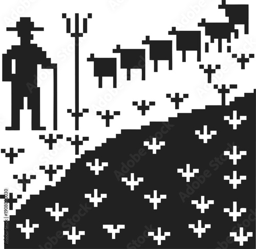 pixel art farmer with pitchfork tending to cattle on a farm hill with plants and field