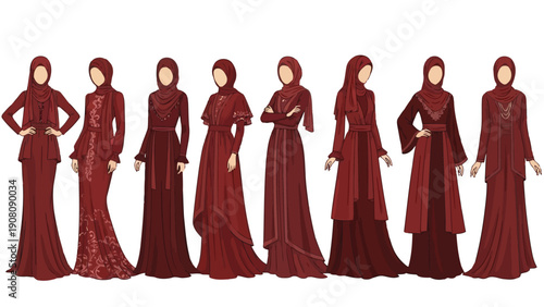 A collection of fashionable full length burgundy abayas with varying designs and detailing displayed digitally