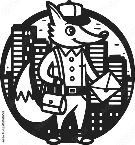 Fox mail carrier delivering letter in urban cityscape, character with bag and cap
