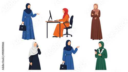Diverse muslim women depicted in various professional settings and daily activities wearing hijabs
