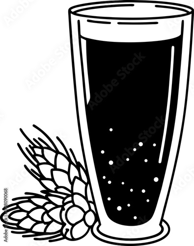 Dark beer in a tall glass with barley hops, frothy beverage with bubbles, traditional ale and brewing ingredients concept