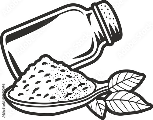 black and white illustration of spice jar with spilled powder and leaves on spoon, natural seasoning concept