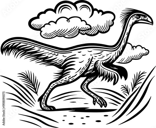 vintage line art of a running feathered dinosaur with long tail and clouds above prehistoric landscape