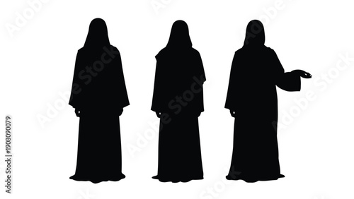 Three silhouetted figures of women wearing traditional niqabs and abayas stand facing forward