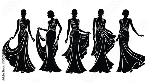 A series of elegant black silhouettes depicting fashionable women in flowing evening gowns