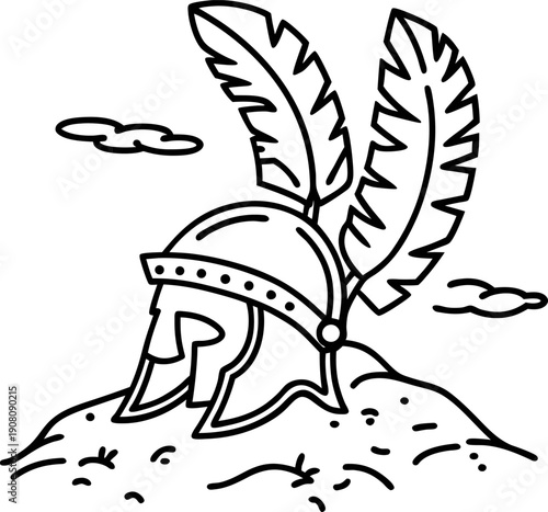 Ancient warrior helmet with large feathers resting on rocky ground under cloudy sky