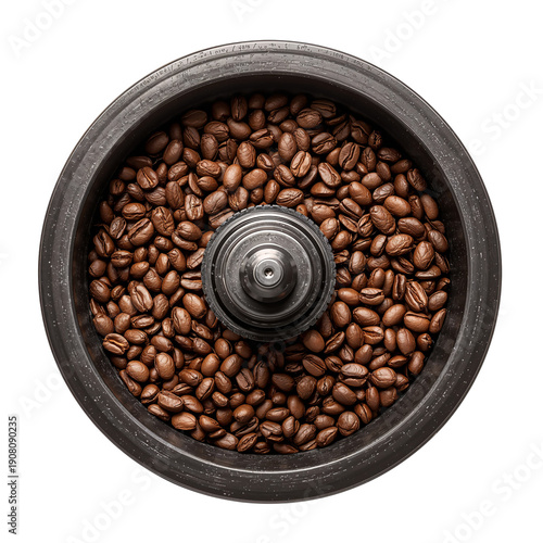 Fresh Coffee Beans Ready for Grinding in a Vintage Grinder at Home Kitchen in...