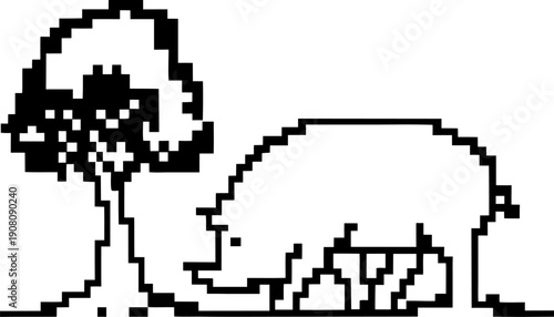 pixel art of pig grazing under tree in minimalist digital landscape design