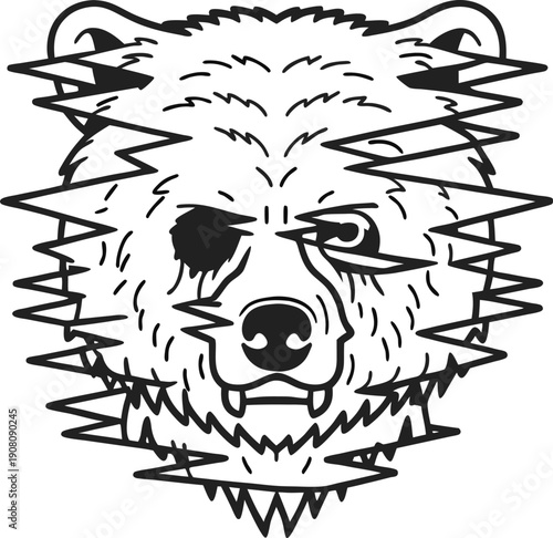 grizzly bear head with sharp thorny wire wrapped around face, wild animal protection and danger concept