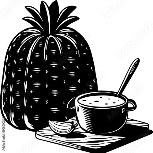 prickly pear cactus with a bowl of cactus soup on wooden board with spoon and onion slice