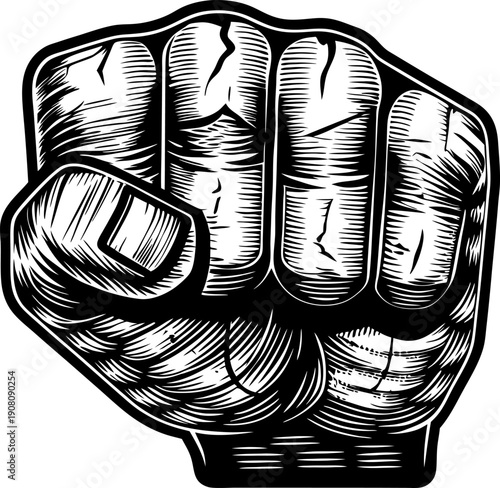 clenched fist illustration in vintage woodcut symbolizing strength, power, and resistance